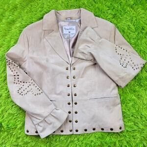 Pamela McCoy Cream Tan Gold Studded Leather Jacket, M